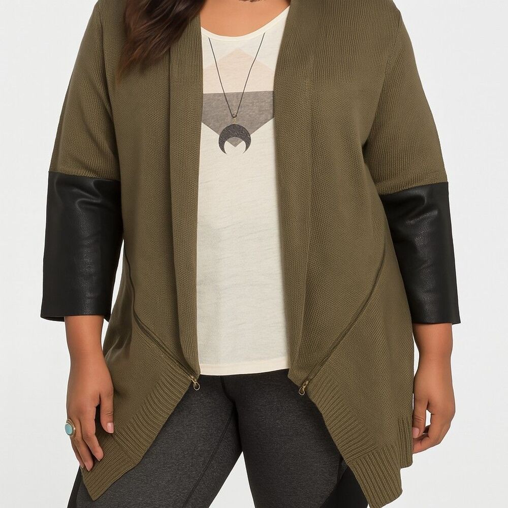 NWT Divine Heart Size Small Olive Cardigan With Leather And Zipper Accents Moto